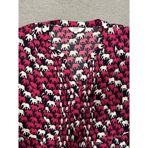Crown & Ivy Pink Elephant Button Pleated Top Blouse Roll Tab Sleeve L Large - Picture 3 of 9
